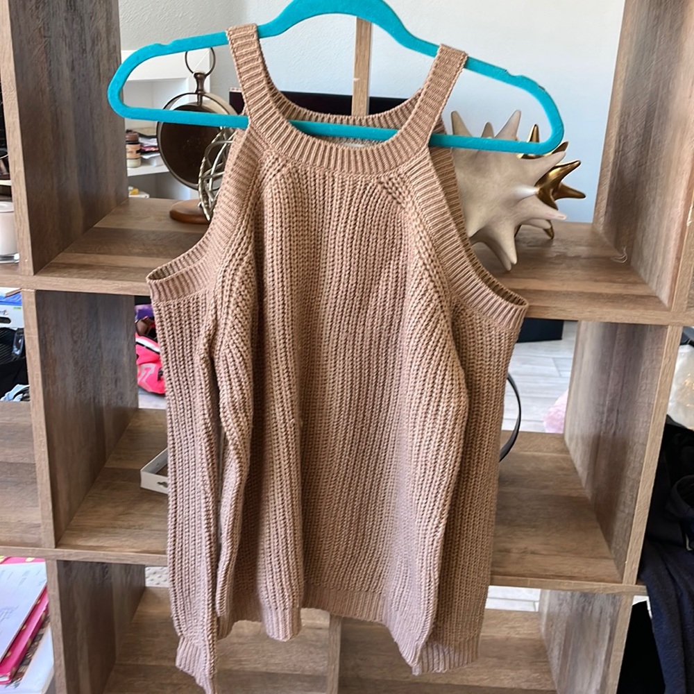 Chunky brown camel cold shoulder crew neck Knitted Sweater